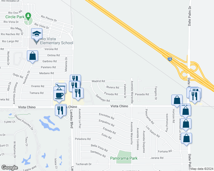 map of restaurants, bars, coffee shops, grocery stores, and more near 68292 Riviera Road in Cathedral City