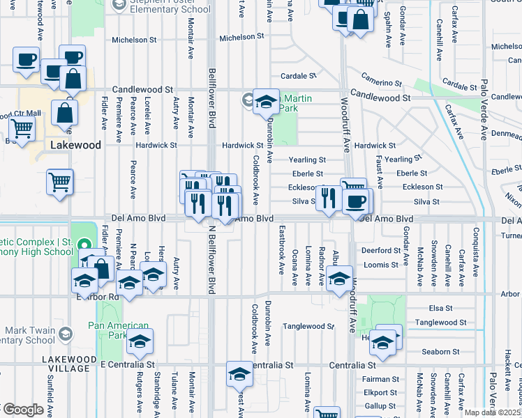 map of restaurants, bars, coffee shops, grocery stores, and more near 4908 Coldbrook Avenue in Lakewood