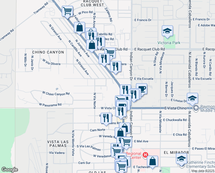 map of restaurants, bars, coffee shops, grocery stores, and more near 2030 North Mira Vista Way in Palm Springs