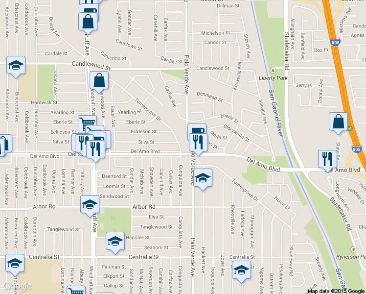 map of restaurants, bars, coffee shops, grocery stores, and more near 6315 Turnergrove Dr in Lakewood