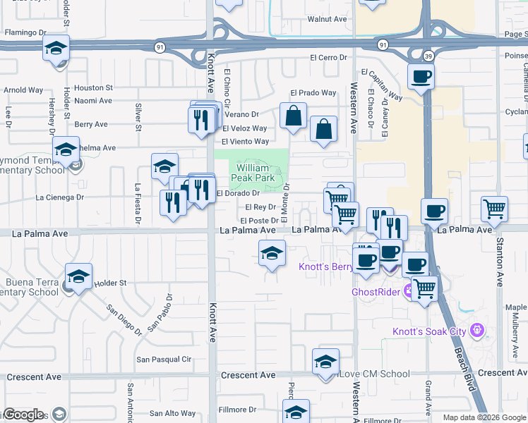 map of restaurants, bars, coffee shops, grocery stores, and more near 7184 El Rey Drive in Buena Park