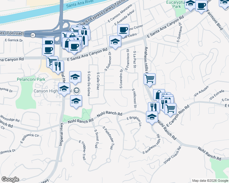 map of restaurants, bars, coffee shops, grocery stores, and more near 5926 East Tiber Drive in Anaheim