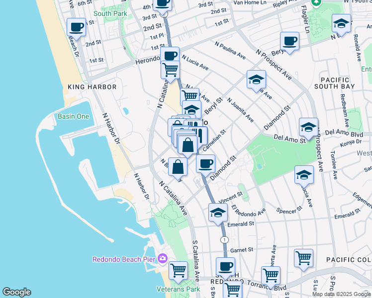 map of restaurants, bars, coffee shops, grocery stores, and more near 419 North Pacific Coast Highway in Redondo Beach