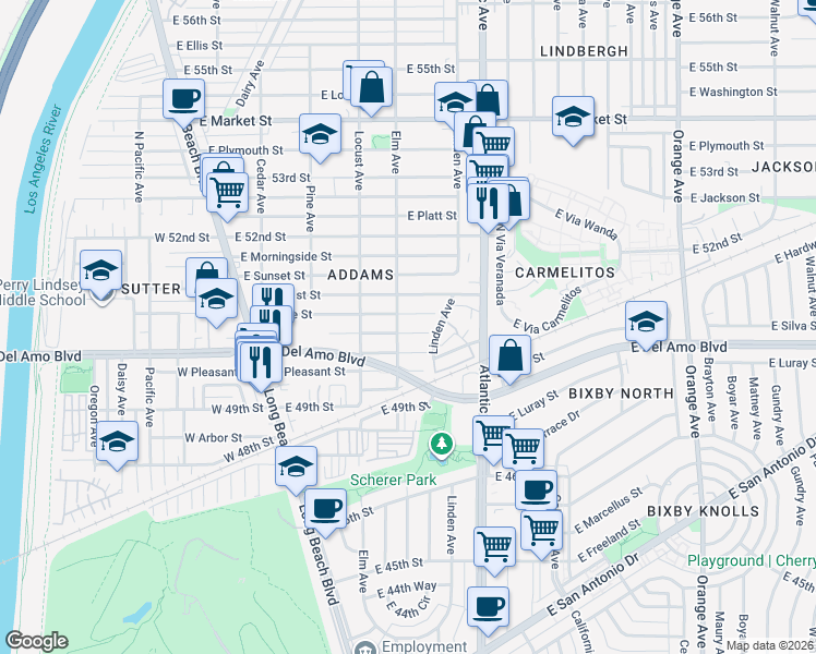 map of restaurants, bars, coffee shops, grocery stores, and more near 417 East Plenty Street in Long Beach