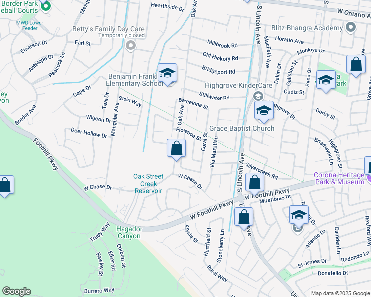 map of restaurants, bars, coffee shops, grocery stores, and more near 3011 Veranda Lane in Corona