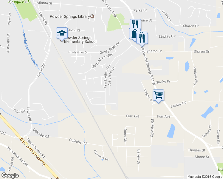 map of restaurants, bars, coffee shops, grocery stores, and more near 4362 Akins Ridge Lane in Powder Springs