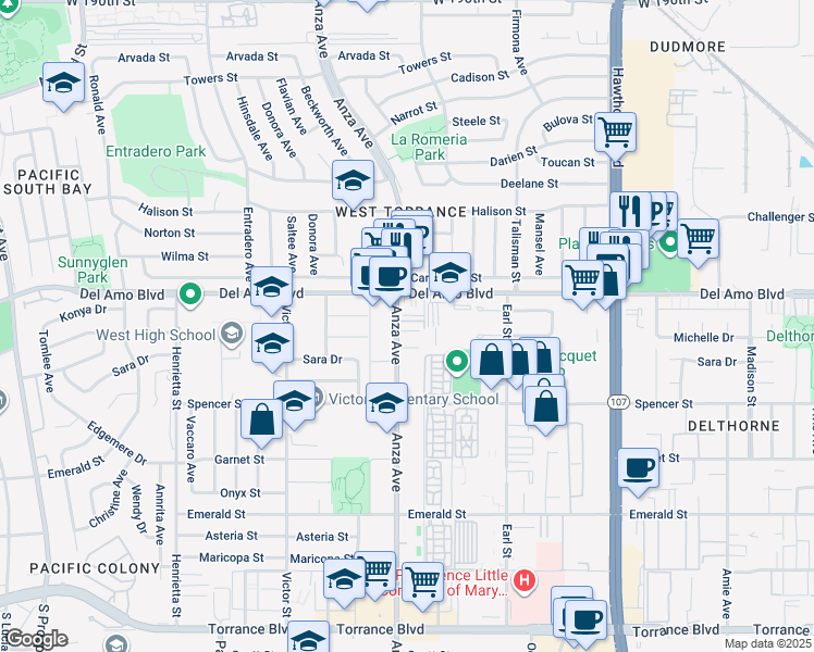 map of restaurants, bars, coffee shops, grocery stores, and more near 20336 Anza Avenue in Torrance