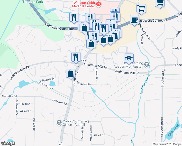 map of restaurants, bars, coffee shops, grocery stores, and more near 1748 Orange Grove Place in Austell