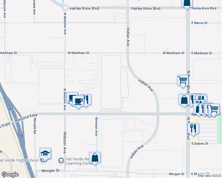 map of restaurants, bars, coffee shops, grocery stores, and more near 4120 Indian Avenue in Perris