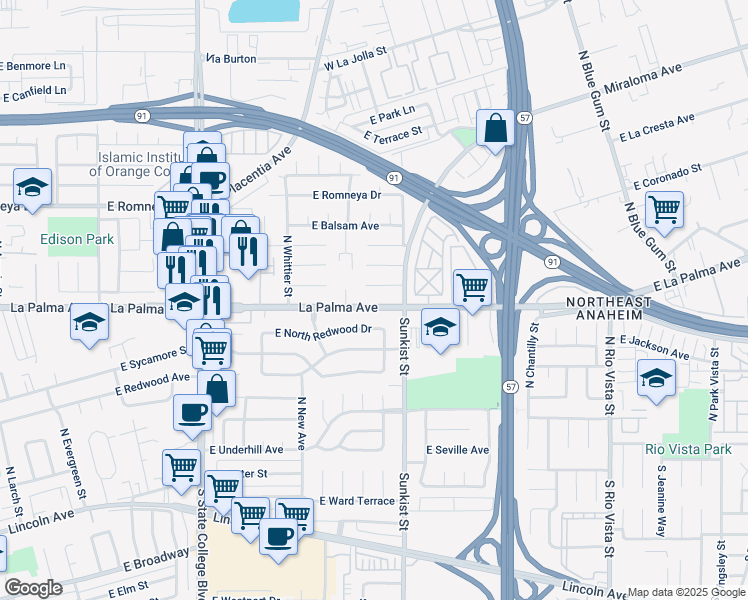 map of restaurants, bars, coffee shops, grocery stores, and more near 2429 East La Palma Avenue in Anaheim