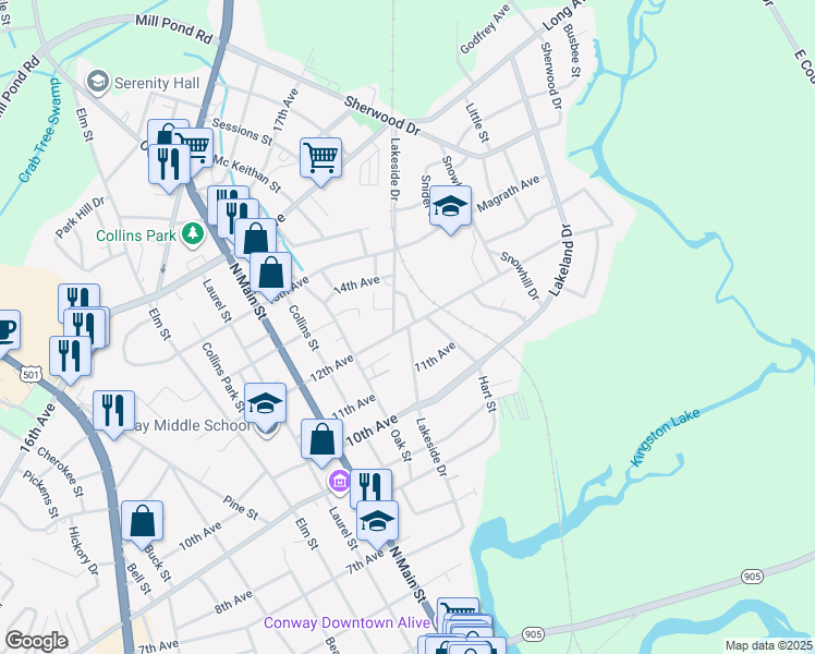 map of restaurants, bars, coffee shops, grocery stores, and more near 1199 Lakeside Drive in Conway