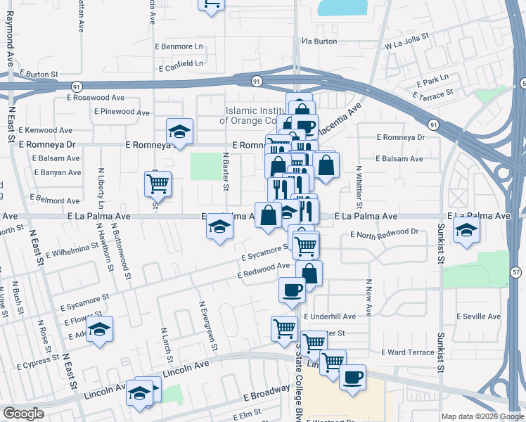 map of restaurants, bars, coffee shops, grocery stores, and more near 1780 East Belmont Avenue in Anaheim