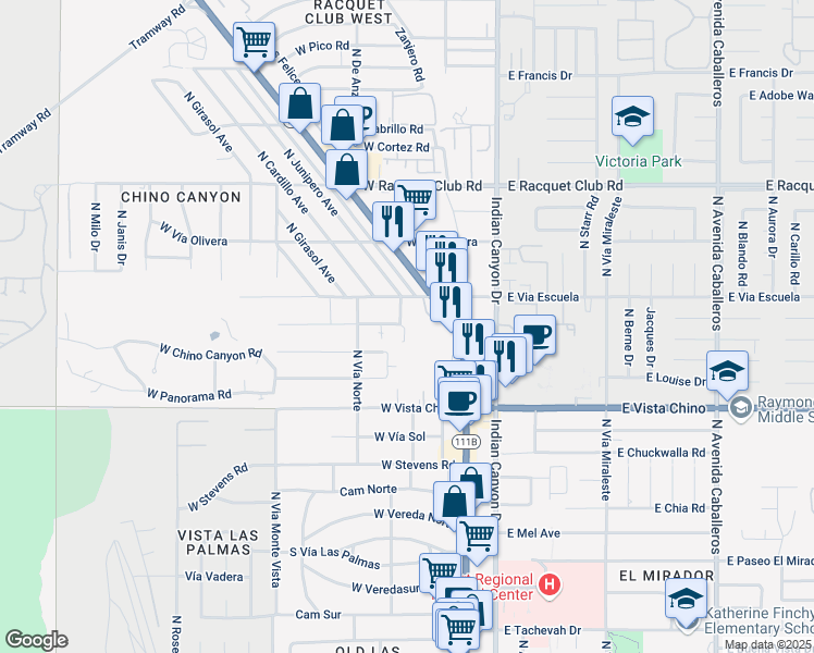 map of restaurants, bars, coffee shops, grocery stores, and more near 2030 North Mira Vista Way in Palm Springs