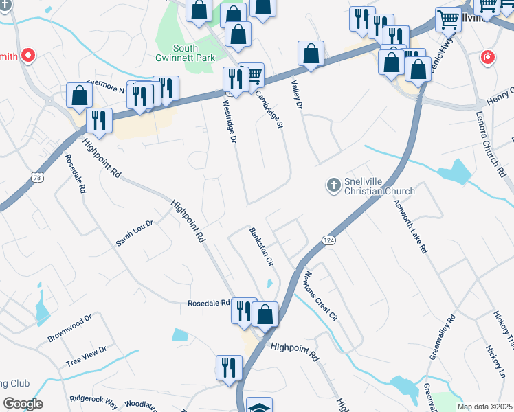 map of restaurants, bars, coffee shops, grocery stores, and more near 2396 Cambridge Street in Snellville