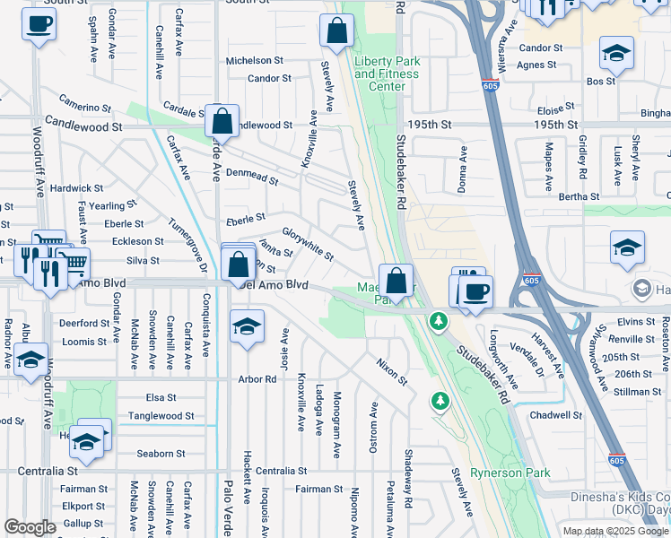 map of restaurants, bars, coffee shops, grocery stores, and more near 4930 Mamie Avenue in Lakewood