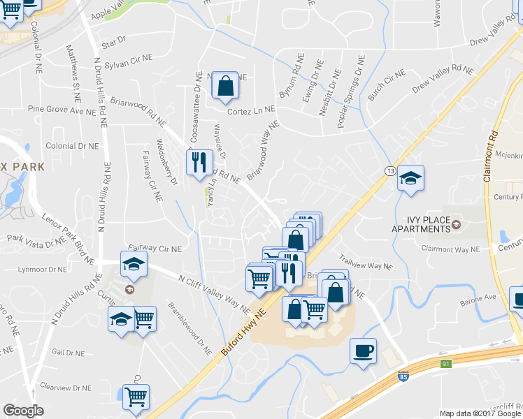 map of restaurants, bars, coffee shops, grocery stores, and more near 1410 Briarhaven Trail in Atlanta
