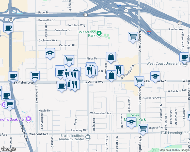 map of restaurants, bars, coffee shops, grocery stores, and more near 7947 Blackberry Circle in Buena Park
