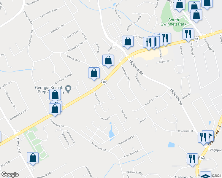 map of restaurants, bars, coffee shops, grocery stores, and more near 2376 Thackery Road Southwest in Snellville