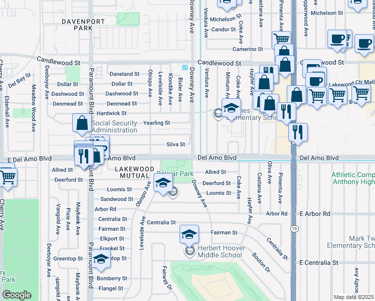 map of restaurants, bars, coffee shops, grocery stores, and more near 3329 Del Amo Boulevard in Lakewood