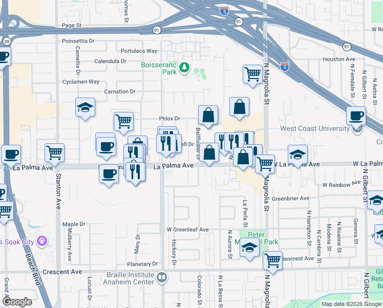 map of restaurants, bars, coffee shops, grocery stores, and more near 7948 Begonia Circle in Buena Park
