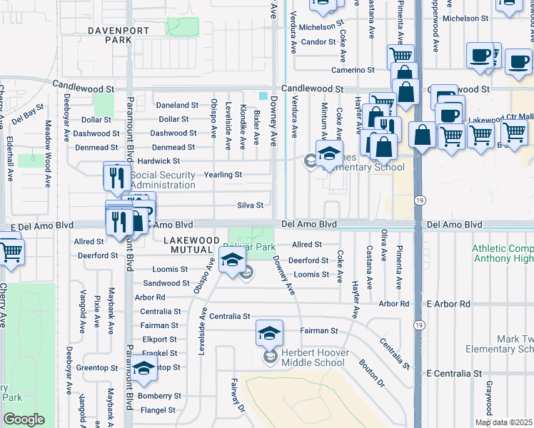 map of restaurants, bars, coffee shops, grocery stores, and more near 3329 Del Amo Boulevard in Lakewood