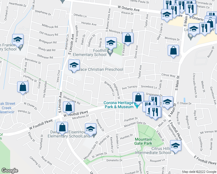 map of restaurants, bars, coffee shops, grocery stores, and more near 2898 Briarhaven Lane in Corona
