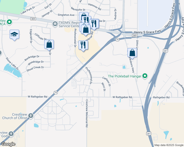 map of restaurants, bars, coffee shops, grocery stores, and more near 5300 Professional Drive in Wichita Falls
