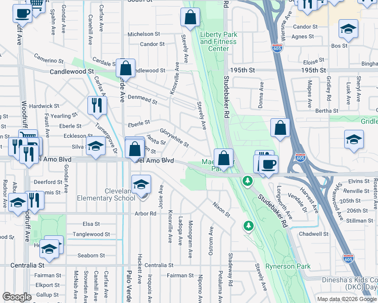 map of restaurants, bars, coffee shops, grocery stores, and more near 4930 Mamie Avenue in Lakewood