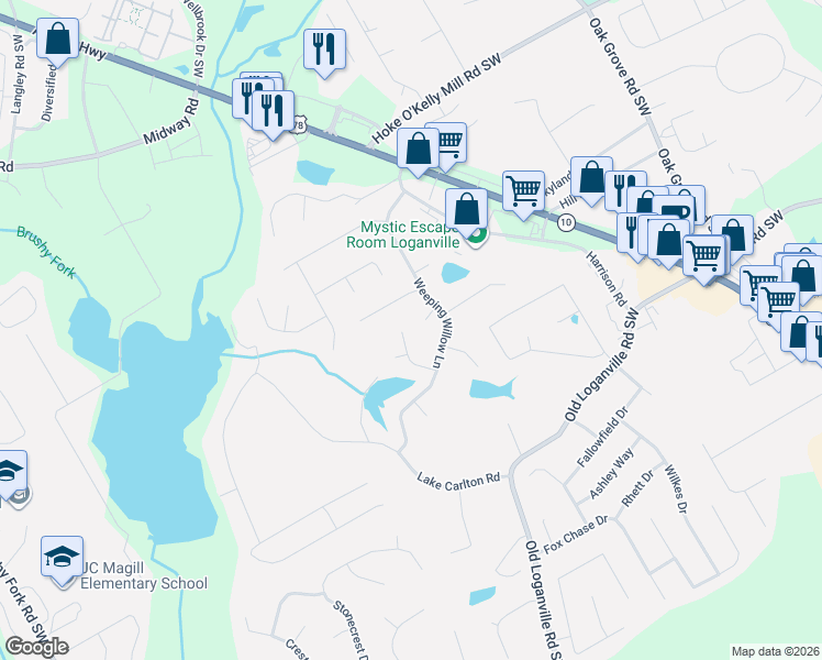 map of restaurants, bars, coffee shops, grocery stores, and more near 526 Bradford Park Lane in Loganville