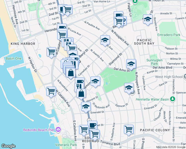 map of restaurants, bars, coffee shops, grocery stores, and more near in Redondo Beach