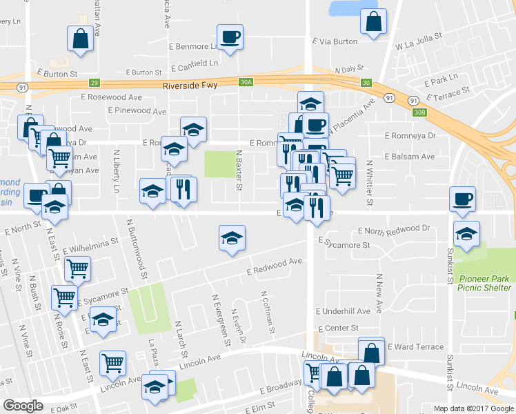 map of restaurants, bars, coffee shops, grocery stores, and more near 1734 East Belmont Avenue in Anaheim