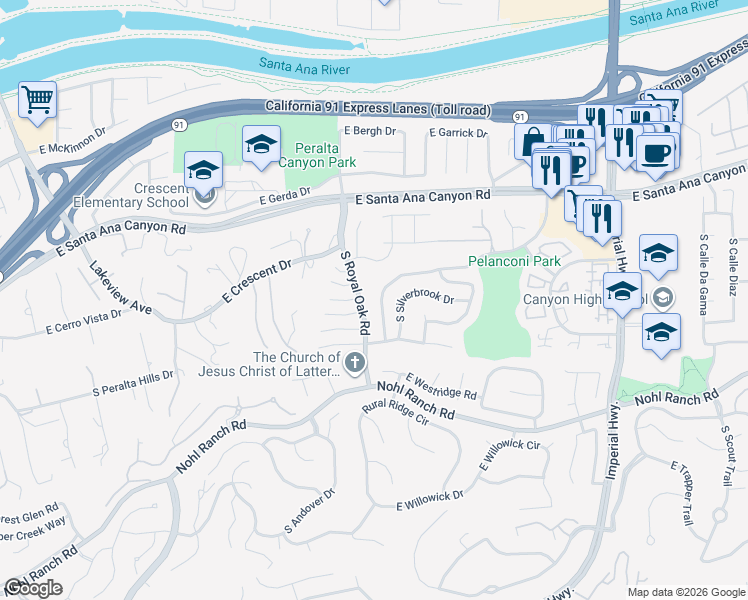 map of restaurants, bars, coffee shops, grocery stores, and more near 365 South Avenida Margarita in Anaheim