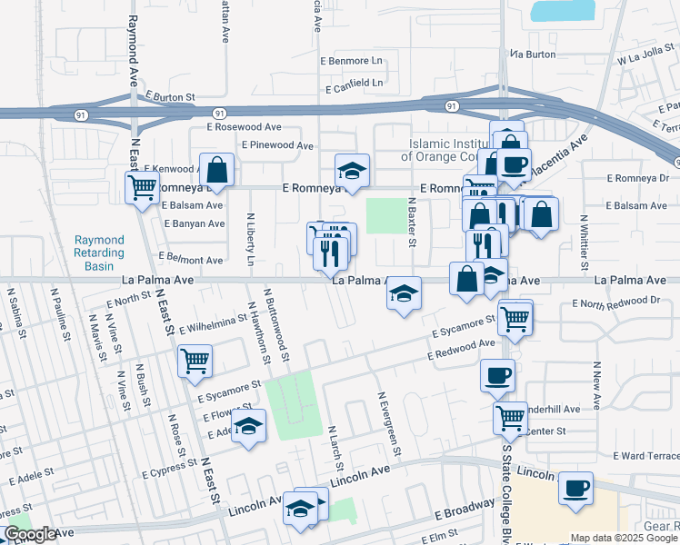 map of restaurants, bars, coffee shops, grocery stores, and more near 1525 East La Palma Avenue in Anaheim