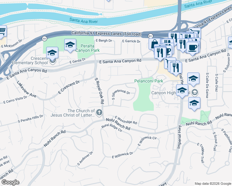 map of restaurants, bars, coffee shops, grocery stores, and more near 378 South Silverbrook Drive in Anaheim