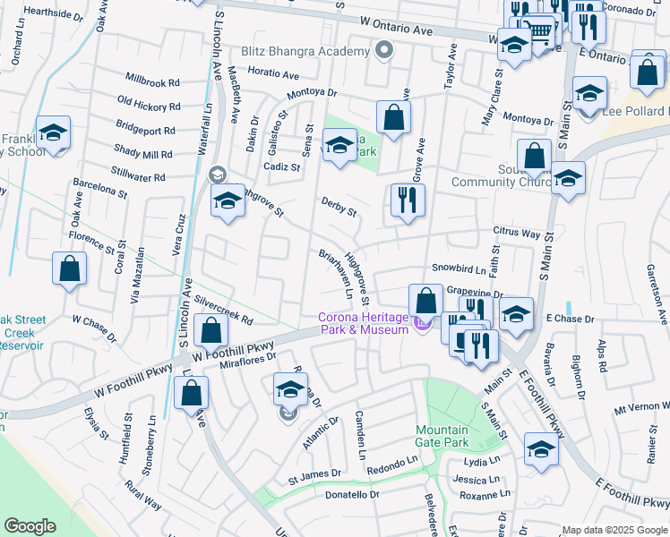 map of restaurants, bars, coffee shops, grocery stores, and more near 2914 Briarhaven Lane in Corona