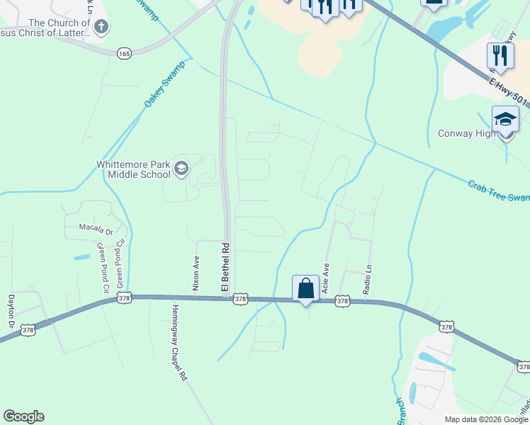 map of restaurants, bars, coffee shops, grocery stores, and more near 2441 Farmwood Circle in Conway