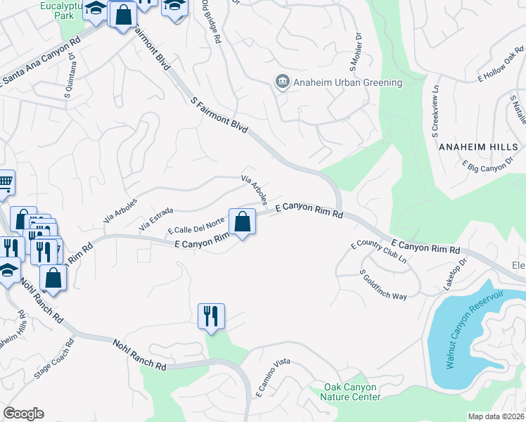map of restaurants, bars, coffee shops, grocery stores, and more near 5800 East Canyon Rim Road in Anaheim