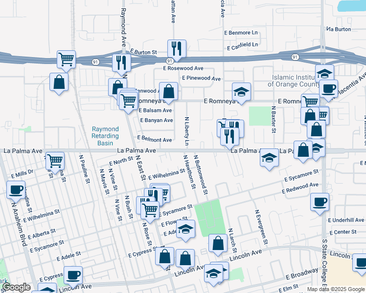 map of restaurants, bars, coffee shops, grocery stores, and more near 1349 East La Palma Avenue in Anaheim