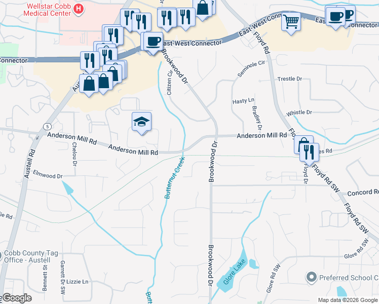 map of restaurants, bars, coffee shops, grocery stores, and more near 1415 Anderson Mill Road in Austell