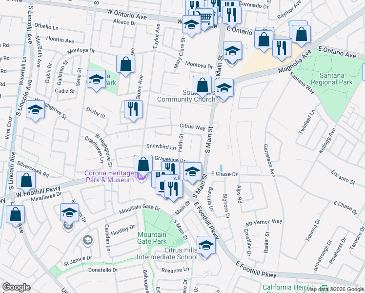 map of restaurants, bars, coffee shops, grocery stores, and more near 2799 Faith Street in Corona