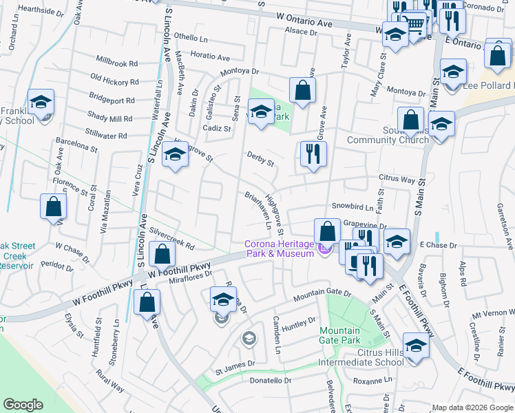 map of restaurants, bars, coffee shops, grocery stores, and more near 2898 Briarhaven Lane in Corona