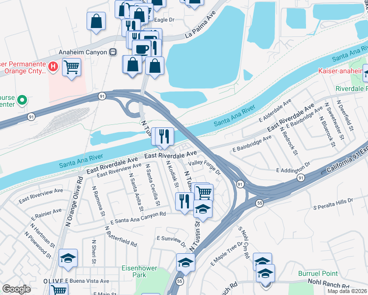 map of restaurants, bars, coffee shops, grocery stores, and more near 500 North Tustin Avenue in Anaheim