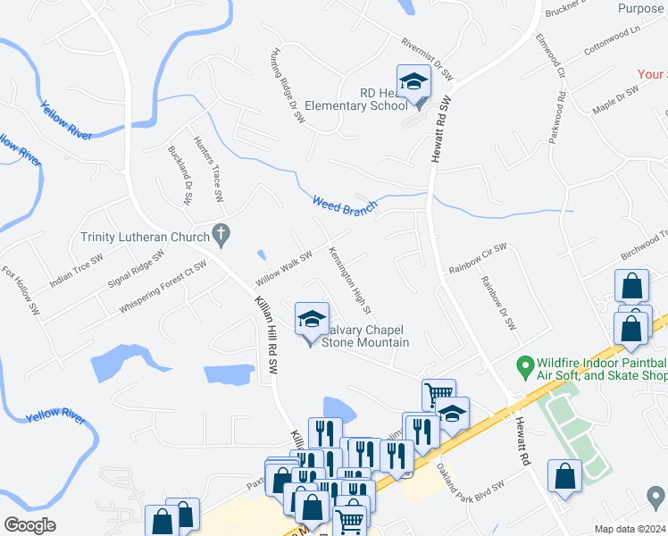 map of restaurants, bars, coffee shops, grocery stores, and more near 1907 Kensington High Street in Lilburn