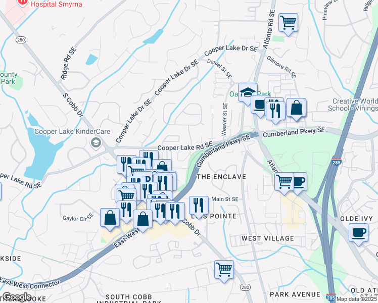 map of restaurants, bars, coffee shops, grocery stores, and more near 4352 Paces Point Circle Southeast in Atlanta