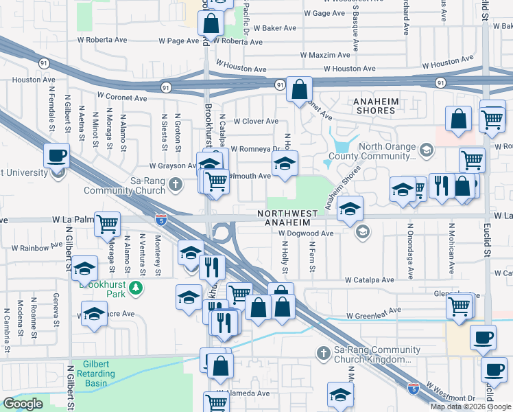 map of restaurants, bars, coffee shops, grocery stores, and more near 2112 West Glen Avenue in Anaheim