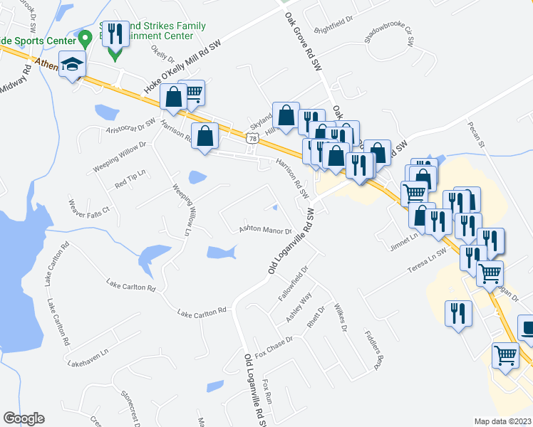 map of restaurants, bars, coffee shops, grocery stores, and more near 720 Cayla Ann Court in Loganville