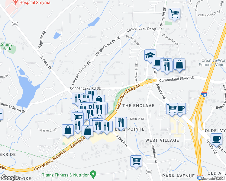 map of restaurants, bars, coffee shops, grocery stores, and more near 4364 Paces Point Circle Southeast in Smyrna