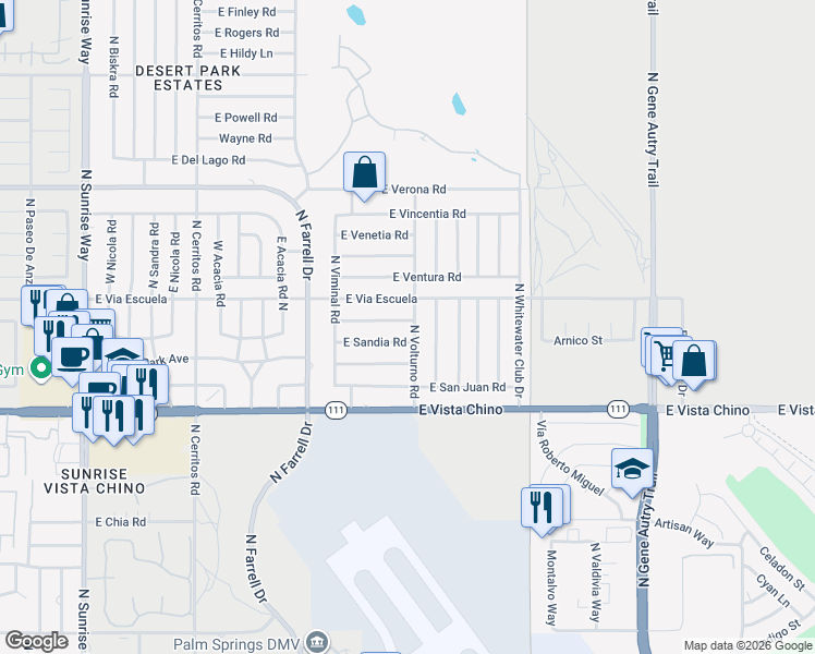 map of restaurants, bars, coffee shops, grocery stores, and more near 2899 East San Angelo Road in Palm Springs