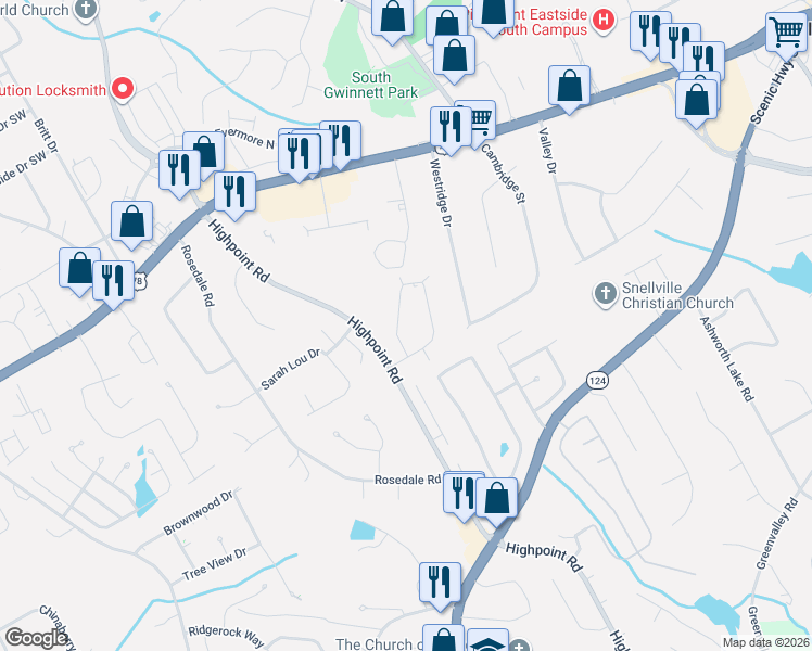 map of restaurants, bars, coffee shops, grocery stores, and more near 2891 Spruce Circle Southwest in Snellville