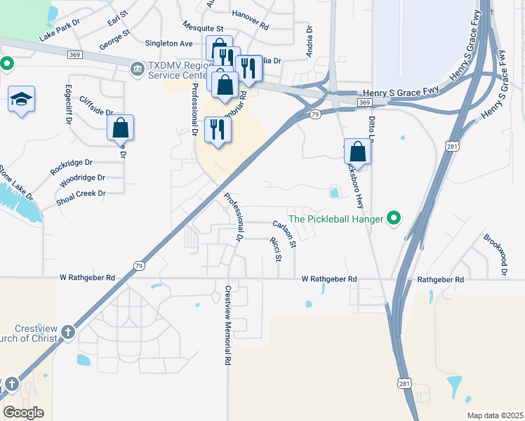 map of restaurants, bars, coffee shops, grocery stores, and more near 5412 Flo Drive in Wichita Falls